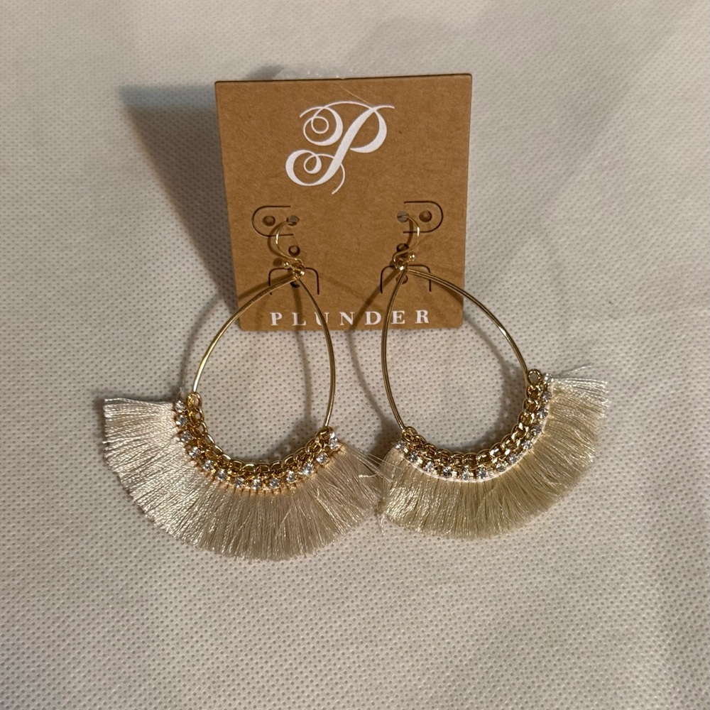 Plunder Gold Hoop Earrings with Ivory Fringe